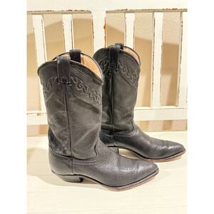 Womens Black Leather Western Cowboy Boots Pointed Toe Mid Calf Stitched Details
